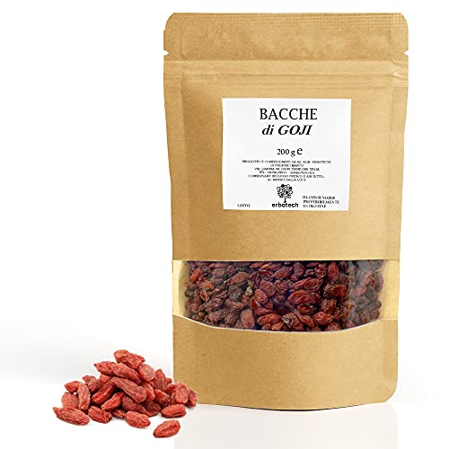 ERBOTECH Goji Beeren 200 g, Goji Berries mit hohem Vitamingehalt, Trockenfrüchte ohne Zucker und Schwefel, natürliches und energiereiches Superfood, Made in Italy von Erbotech