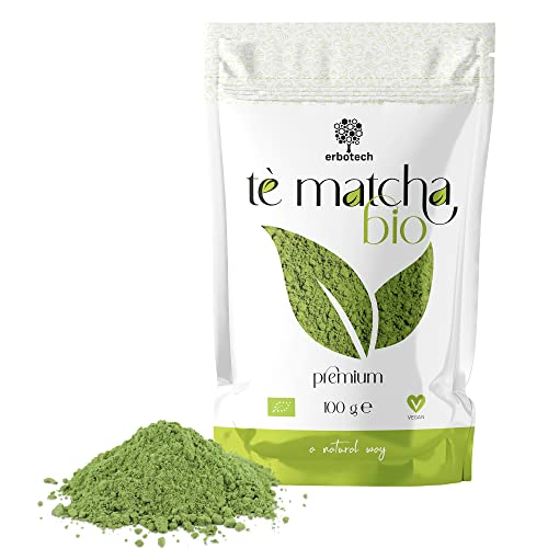 ERBOTECH Matcha Tee BIO/Japanisches Biologische Grüntee Pulver 100 g, 100% Natürliches Multivitamin, Premium Qualität, Vegan, Ideal für Kuchen, Smoothies, Eistee von Erbotech