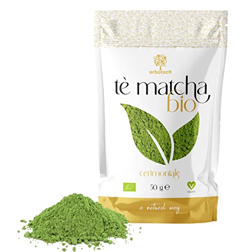 ERBOTECH Matcha Tee Ceremonial Qualität, Organisches Japanisches Tè Grünes Pulver Beutel 50 gr, 100% Natürlicher Tee Matcha, Ideal für Süßigkeiten, Smoothies, Eistee, Vegan von Erbotech