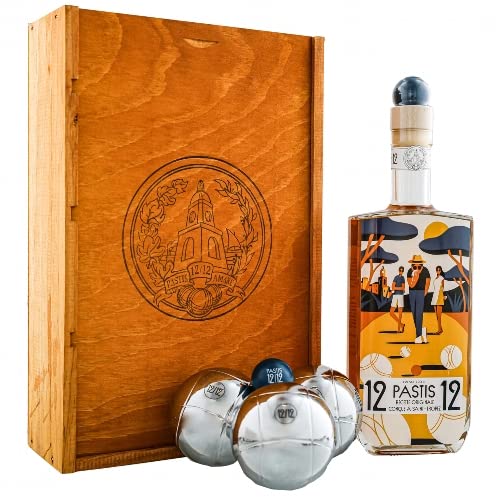 Likoer PASTIS 12/12 de Saint Tropez 45% Vol. Set Petanque in Holzbox von Ermuri Genuss Company