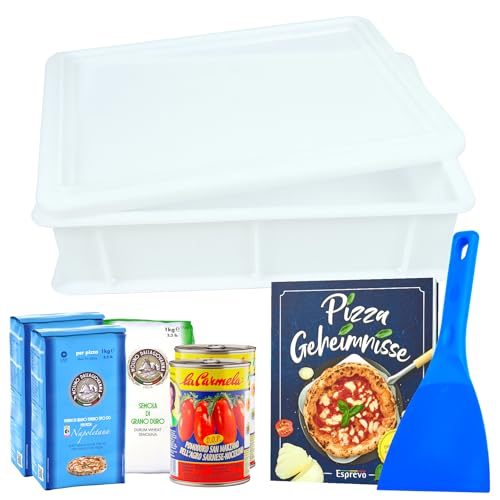 Esprevo® Pizzaballenbox Set Napoli | Pizzaballenbox mit Deckel | Inklusive 2x 1kg Pizzamehl Typ00 + 2x 400g San Marzano Tomaten + 1x 1kg Semola + Teigspachtel + Pizza Kochbuch von Esprevo