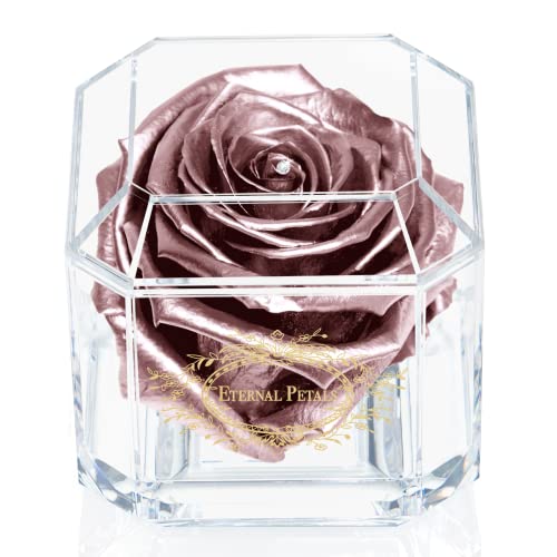Eine 100% echte Rose, die jahrelang hält – ewige Blütenblätter, handgefertigt in Großbritannien – Gold Solo mit einem klaren Swarovski-Kristall (Roségold) von Eternal Petals