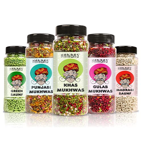 HARIBAS Mukhwas Mouth Freshener PACK OF 5 with sauf mouth freshener, Green Saunf Mukhwas 180G, Punjabi Mukhwas 200GM, Khas Chandan Mukhwas 180G, Gulab Mukhwas 200G and Madrasi Mukhwas white saunf 150G von Ethnic Choice