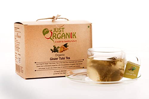 Just Organik Ginger Tulsi Tea - 20 Hand Stitched Pyramid Tea Bags, 100% Organic von Ethnic Choice