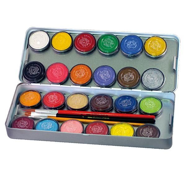 24 Schmink Farben, Metall-Palette, 24 mal 3,5ml Farben, 3 Profi-Schminkpinsel von Eulenspiegel