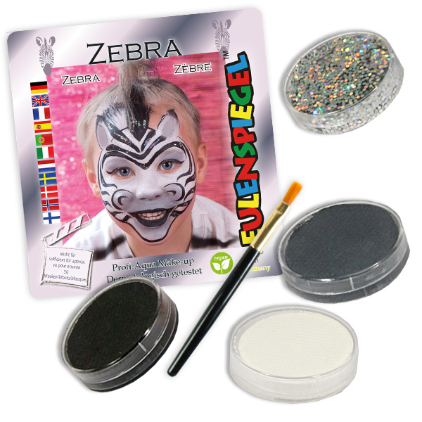 Kinderschminke-Set Zebra, Profi-Aqua, 3 Farben +1x Glitzer +Pinsel von Eulenspiegel