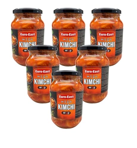 Euro-East Kimchi 6er-Pack im Glas x 440g, Eingelegter Chinakohlsalat in koreanischer Küche, Vegan, Glutenfrei und ohne Konservierungsstoffe, mittlere Schärfe für den europäischen Geschmack (6x440 g). von Euro-East