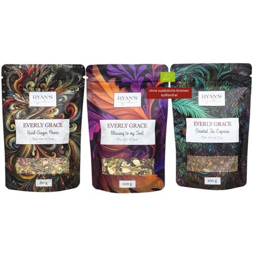 Everly Grace Ayurveda & Chai Tee-Set – Hochwertige Bio-Tee-Kollektion mit Blessing to my Soul, Oriental Tea Express & Vivid Ginger Power – Ayurvedische und Chai Teemischungen aus erlesenen Zutaten von Everly Grace