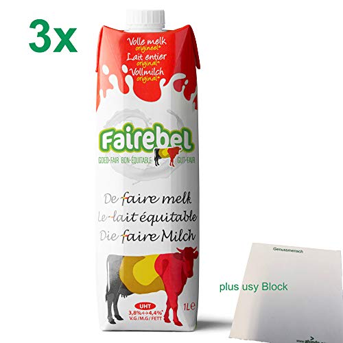 Fairebel die faire Milch Vollmilch 3,8 - 4,4 % Fett UHT (3x 1 Liter) + usy Block von FAIREBEL