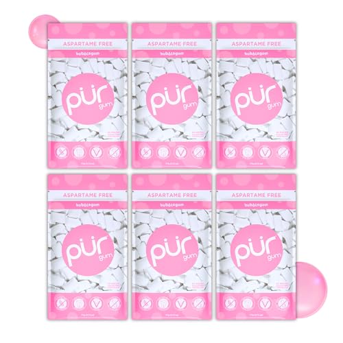 PUR Gum | Zuckerfreier Kaugummi | Mit Xylit | Vegan, Aspartamfrei & Glutenfrei | Natürlicher Kaugummi Mit Bubblegum Geschmack, 55 Stück (6er Pack) von PUR