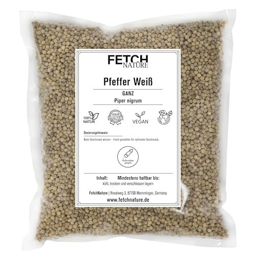 Pfeffer Weiß ganz – Mild-pikant & aromatisch – Für helle Saucen, Fisch, Fleisch & Mühle – 500g oder 1kg Aromabeutel – FETCH NATURE (L - 1kg) von FETCHNATURE