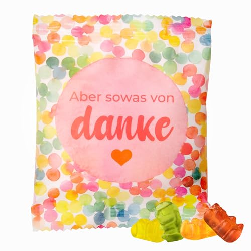 25 x Gast-Geschenke Tütchen: farbenfrohe Tüte, gefüllt mit echten Trolli Gummibärchen mit 10% Fruchtsaft, 10g, mit rotem Schriftzug - "Aber sowas von Danke" - Perfekt als Dankeschön & für Partys von FLAMINGO ON THE BEACH