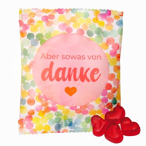 25 x Gast-Geschenke Tütchen: farbenfrohe Tüte, gefüllt mit echten Trolli Herzen mit 10% Fruchtsaft, 10g mit rotem Schriftzug - "Aber sowas von Danke" - Perfekt als Dankeschön & für Partys von FLAMINGO ON THE BEACH