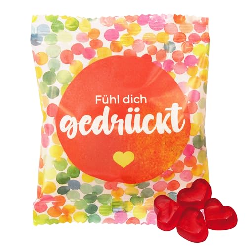 25 x Gast-Geschenke Tütchen: farbenfrohe Tüte, gefüllt mit echten Trolli Herzgummibärchen mit 10% Fruchtsaft, 10g, mit Schriftzug - "Fühl dich gedrückt" - Perfekt als Dankeschön & Freundschaftsbeweis von FLAMINGO ON THE BEACH