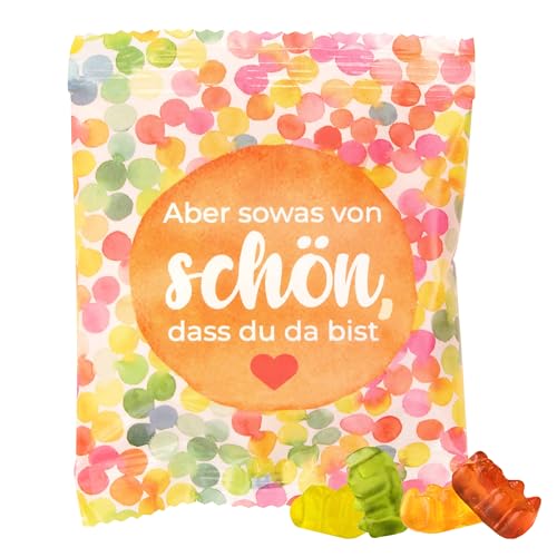 25x süße Gast-geschenke-Tütchen: gefüllt mit echten Trolli Gummibärchen mit 10% Fruchtsaft, 10g, farbenfrohe Tüte, mit Schriftzug, Aber sowas von schön, dass du da bist", perfektes Mitbringsel von FLAMINGO ON THE BEACH