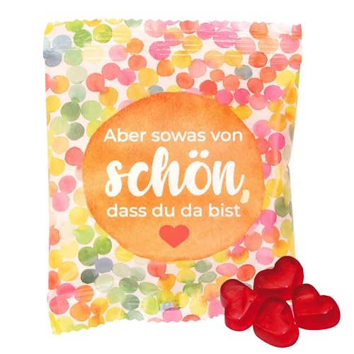 25x Gast-Geschenke-Tütchen: farbenfrohe Tüte, gefüllt mit echten Trolli Herzgummibärchen mit 10% Fruchtsaft, 10g, "schön, dass du da bist" Kleinigkeiten für Geburtstage, Hochzeiten & Ostern von FLAMINGO ON THE BEACH