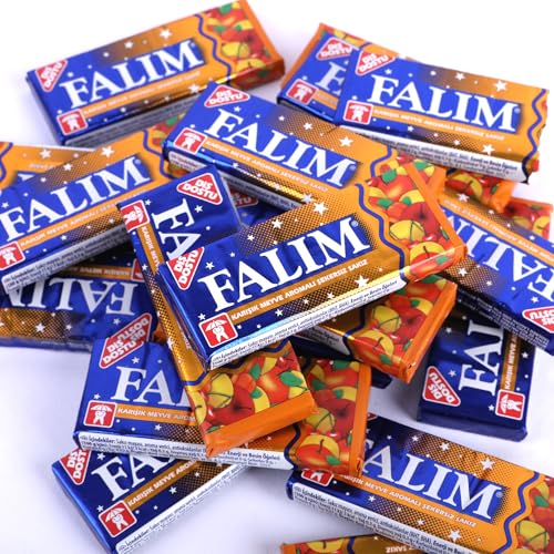 Falim Kaugummi Karışık Meyve – 20 Einzelpackungen à 5 Stück (100st) – zuckerfreier mit Tutti Frutti Geschmack – türkischer Kaugummi im blau-orangenen Design – zahnschonend & langanhaltend von FLAMINGO ON THE BEACH