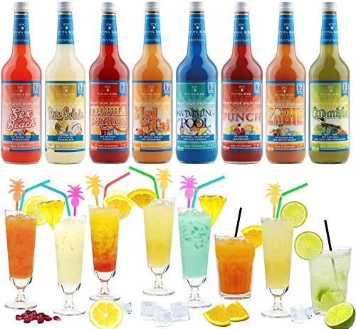 Paket für 130 Cocktails fertig gemixt | 8 Flaschen à 0,7l Cocktail Premix mit Alkohol | Einfach Saft auffüllen - fertig von Flying Bird Drinks & More