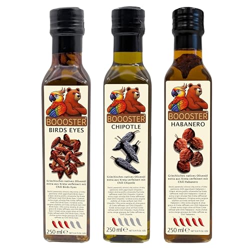 APSU Würz-Öl Probierset Geschenkset 3x 250ml Extra Natives Olivenöl aus Kreta Griechenland mit Bird’s Eye, Habanero und Chipotle Chili-Schoten Premium-Dressing-Öl von BOOOSTER® von FOOD-UNITED