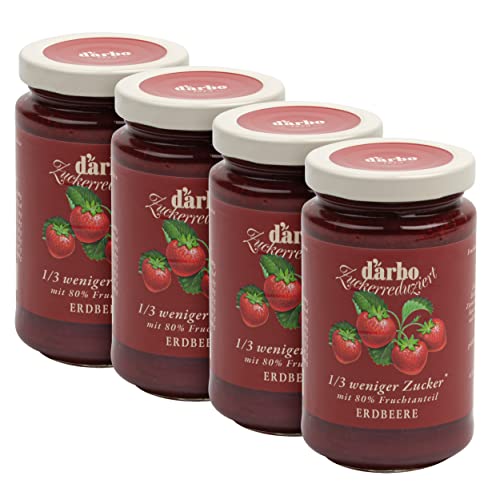 Food-United FRUCHTAUFSTRICH ZUCKERREDUZIERT Erdbeere 250g Glas von DARBO 1-3 weniger Zucker fruit spread mit 80% Fruchtanteil passend für Frühstück Gebäck Erdbeerkuchen Füllungen Kuchen (1) von FOOD-UNITED