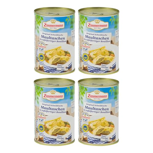 Food-United SCHWÄBISCHE-MAULTASCHEN 4x400ml | Original g.g.A. | 8 Maultaschen | Schweinefleisch-Spinat-Füllung | von ZIMMERMANN | bayerische Spezialität | nach Hausmacherart (4, hergestellt) von FOOD-UNITED