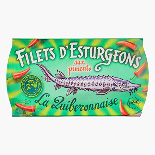 Food-United STÖR-FISCH-FILETS 1x 115g Konserven von La Quiberonnaise Stör-Fisch-Fleisch aus Aquitanien mariniert eingelegt in nativen Olivenöl Extra mit Chilischoten für französische Gerichte (1) von FOOD-UNITED