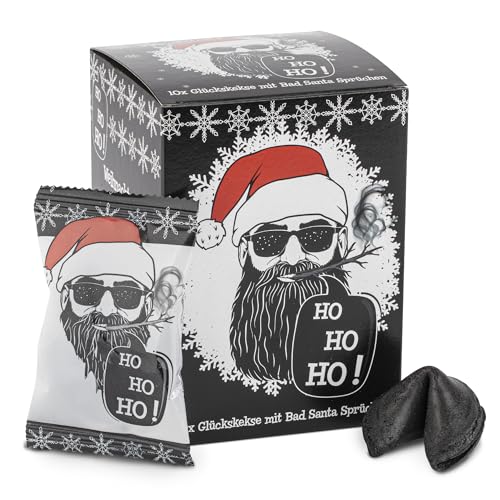 FOOD crew 10x Weihnachtsglückskekse Bad Santa – Glückskekse Weihnachten - Süßigkeiten Weihnachten - Gebäck Einzeln Verpackt mit deutschen Sprüchen - Vegan - Made in Germany von FOOD crew