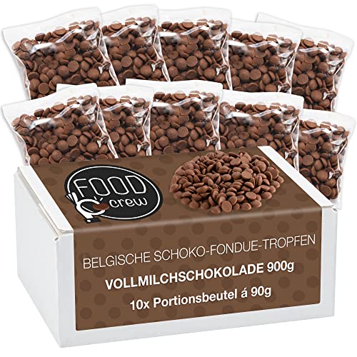 FOOD crew 900g belgische Schokolade für Fondue Vollmilch - Schokolade für Schokobrunnen – Schoko Kuvertüre Drops - 10 Portionsbeutel einzeln verpackt – Vollmilch Kuvertüre von FOOD crew
