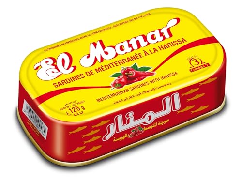 El Manar 10x Sardinen Dosen 125g - Nach mediterraner Tunesischer Art - 10x 125g Dosen – Hohes Omega-3-Gehalt (scharf mit Harissa) von FOODERIO ORIENTAL FOOD TRADE