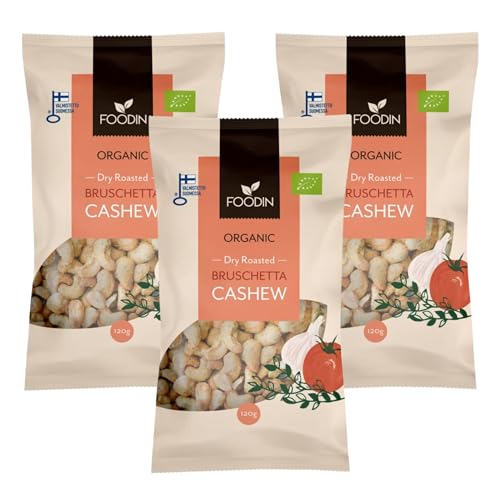 FOODIN Bio Cashewkerne ganze, trocken geröstete Cashewkerne, Süßes & Snacks, Nüsse, Kerne & Samen mit Honig (Bruschetta, 3 x 120g) von FOODIN