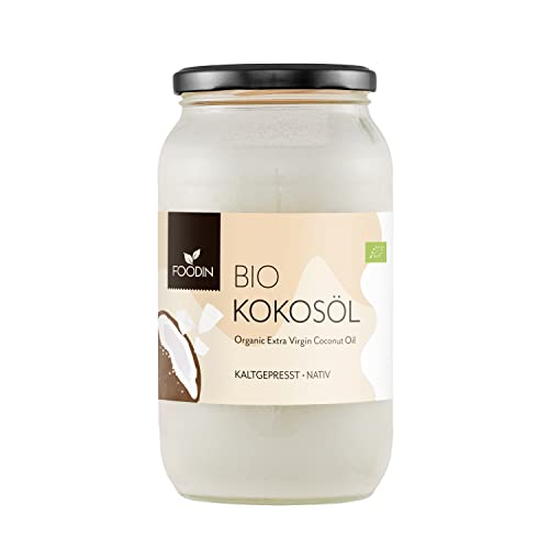 FOODIN Bio Kokosöl, Nativ, Kaltgepresst, Premium, Kokosnussöl im Glas 1 liter, gute Option zum Braten und Kochen, 100% glutenfrei und vegan (1000 ml) von FOODIN