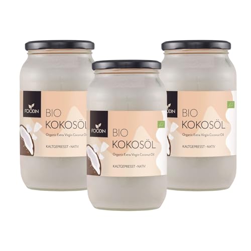 FOODIN Bio Kokosöl, Nativ, Kaltgepresst, Premium, Kokosnussöl im Glas 1 liter, gute Option zum Braten und Kochen, 100% glutenfrei und vegan (3 x 1000 ml) von FOODIN