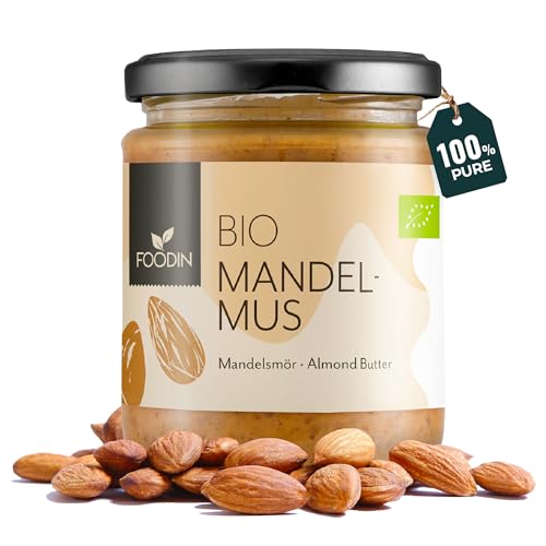 FOODIN Bio Mandelmus braun im Glas, Mandelbutter, ausgezeichnete Protein- und Fettsäurenquelle, 100% biologisch, glutenfrei und vegan (250g) von FOODIN