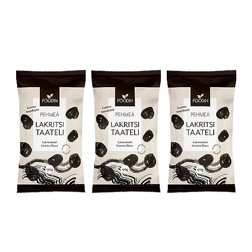 Foodin Datteln Vegane, glutenfreie, weiche, süße und gesunde Leckereien Trockenfrüchte mit Lakritzpulver zum Naschen, Backen und mehr – Hergestellt in Vaajakoski (3x170g) von FOODIN