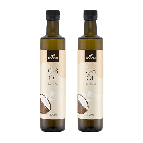 FOODIN MCT Öl C8, 1000ml Kokosöl, am besten für ketogene Ernährung, MCT Öl Ketone zum Trinken, 3x mehr Ketone (100% C8), Kokosöl flüssig und geschmacksneutral (2x500ml) von FOODIN