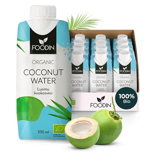 Foodin Kokoswasser Bio, natürlich feuchtigkeitsspendend mit Elektrolyten, fettfrei, glutenfrei, gentechnikfrei, kalorienarm – beruhigender Durstlöscher – 12er pack (12x330ml) von FOODIN
