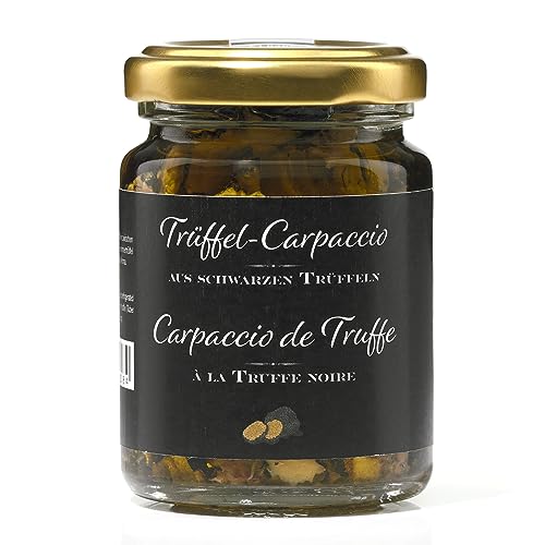 Edles Trüffel-Carpaccio mit echtem schwarzen Trüffel in extra-nativem Olivenöl, 90g. Feine Scheiben von schwarzem Trüffel. Vegan und glutenfrei Edles Trüffel-Carpaccio mit echtem schwarzen Trüffel in extra-nativem Olivenöl, 90g. Feine Scheiben von schwarzem Trüffel. Vegan und glutenfrei von FRANCK ET OLIVIER