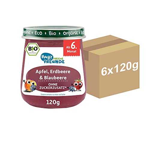 BABY FRECHE FREUNDE Bio Gläschen Apfel, Erdbeere & Blaubeere, für Babys ab 6 Monaten, ohne Zucker- und Salzzusatz, vegan, 6er Pack (6x120g) von FRECHE FREUNDE