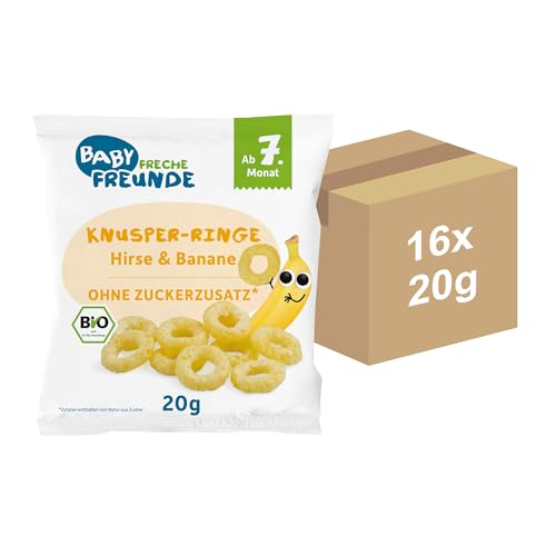 BABY FRECHE FREUNDE Bio Knusper-Ringe Hirse & Banane, Baby Snack mit Obst, für Babys ab 7 Monaten, vegan, glutenfrei, 2x 8er Pack (8 x20g) von FRECHE FREUNDE