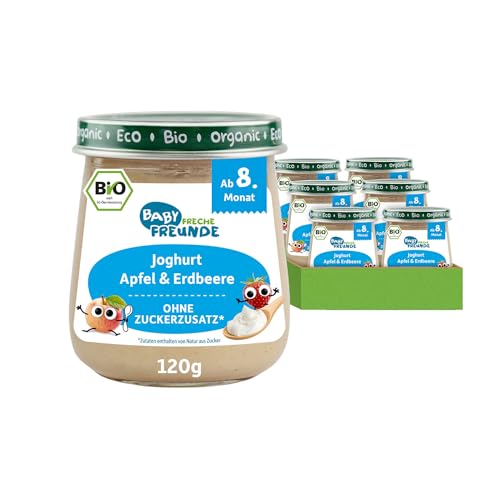 FRECHE FREUNDE BABY Bio Gläschen Joghurt, Apfel & Erdbeere, Für Babys ab 6 Monaten, Ohne Zucker und Zusatzstoffe, Vegan, 6er Pack (6x 120g) von FRECHE FREUNDE