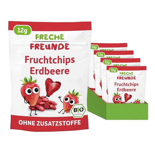 FRECHE FREUNDE Bio Fruchtchips Erdbeere, gefriergetrocknete Obst Chips Erdbeere, ohne Zuckerzusatz, vegan, laktosefrei, glutenfrei, 24er Pack (24 x 12 g) von FRECHE FREUNDE