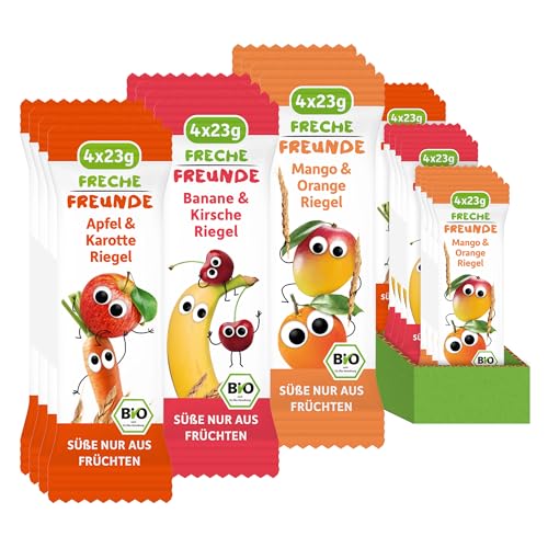 FRECHE FREUNDE Bio Fruchtriegel, jeweils 6 Stück von: Apfel & Karotte/Mango & Orange/Banane & Kirsche, für Babys & Kinder ab 1 Jahr, ohne Zuckerzusatz, 18er Pack, 18 x (4 x 23g) von FRECHE FREUNDE