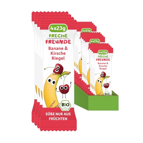 FRECHE FREUNDE Bio Fruchtriegel Banane & Kirsche, für Babys und Kinder ab 1 Jahr, ohne Zuckerzusatz, vegan, laktosefrei, 12er Pack, 12 x (4 x 23g) von FRECHE FREUNDE