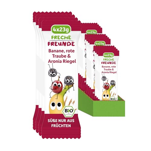 FRECHE FREUNDE Bio Fruchtriegel Rote Traube, Aronia & Banane, Obst Riegel für Babys und Kinder ab 1 Jahr, fruchtiger Snack ohne Zuckerzusatz, vegan, laktosefrei, 6er Pack, 6x (4x 23g) von FRECHE FREUNDE