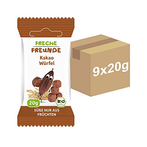 FRECHE FREUNDE Bio Kakao Würfel, süßer Müsli Snack ohne Zucker, mit Kakao und Datteln, für Kinder, ohne Zusatzstoffe, vegan, 9er Pack (9 x 20 g) von FRECHE FREUNDE