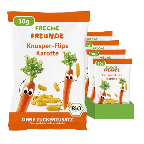 FRECHE FREUNDE Bio Knusper-Flips Karotte, ohne Zuckerzusatz, Knabberzeug für Kinder und Babys ab 1 Jahr, vegan, 9er Pack (9x30g) von FRECHE FREUNDE