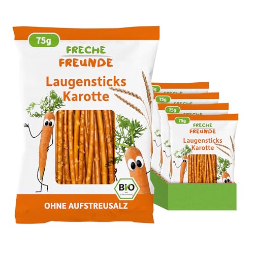 FRECHE FREUNDE Bio Laugensticks Karotte, Knabberstangen ohne Aufstreusalz, für Kinder & Babys, mit Dinkelmehl, vegan, Kindersnack, 15er Pack (15 x 75 g) von FRECHE FREUNDE