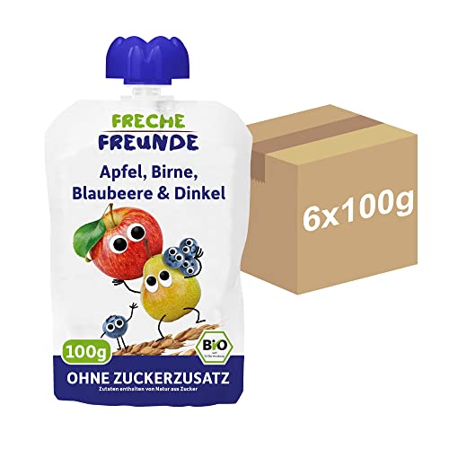 FRECHE FREUNDE Bio Quetschie Apfel, Birne, Blaubeere & Dinkel, Fruchtmus mit Getreide im Quetschbeutel für Babys ab dem 6. Monat, vegan, 6er Pack (6 x 100 g) von FRECHE FREUNDE