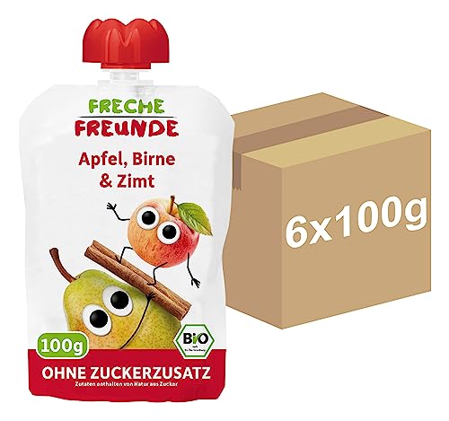 FRECHE FREUNDE Bio Quetschie Apfel, Birne & Zimt, Fruchtmus im Quetschbeutel für Babys ab dem 8. Monat, glutenfrei & vegan, 6-er Pack (6x 100g) von FRECHE FREUNDE
