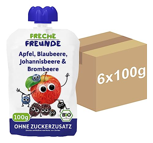 FRECHE FREUNDE Bio Quetschie Apfel, Blaubeere, Johannisbeere & Brombeere, Fruchtmus im Quetschbeutel für Babys ab dem 6. Monat, glutenfrei & vegan, 6-er Pack (6 x 100g) von FRECHE FREUNDE